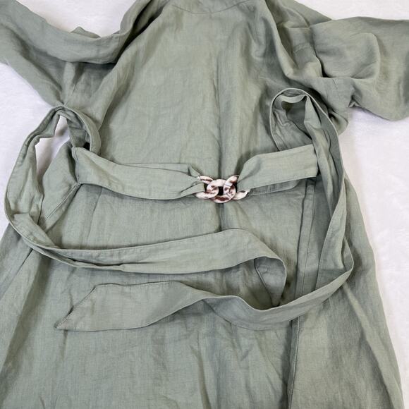 Zara Tunic Top Womens Size Lg Green Linen Blend Belted Tie Back Button Front - Picture 11 of 12